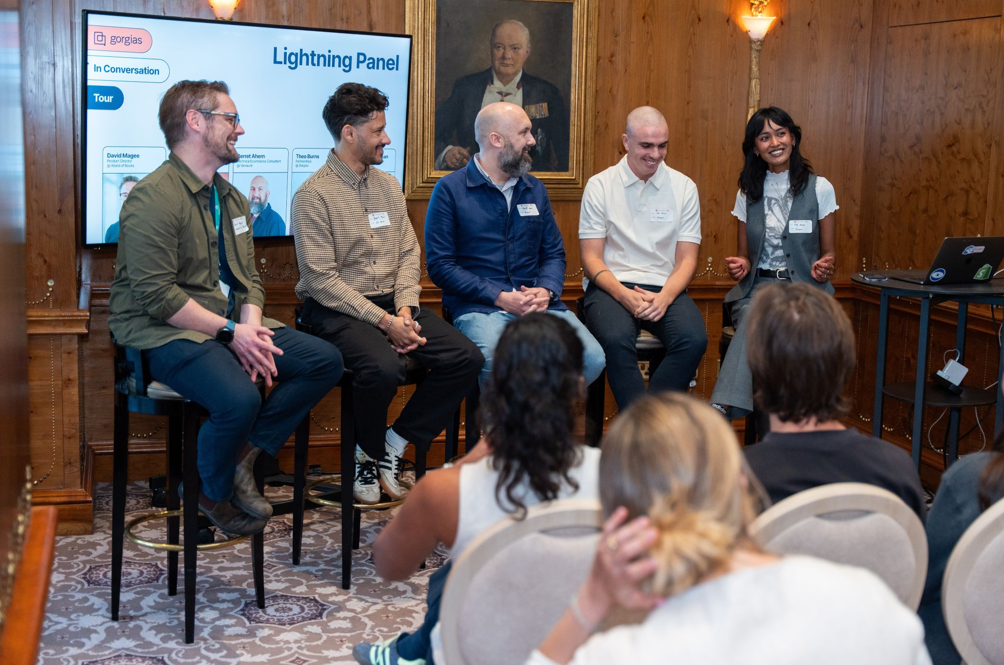 Barrett Ahern on a five-person Lightning Panel at the Gorgias In Conversation Tour London, seated with fellow CX and eCommerce leaders in front of an audience in a traditional London venue
